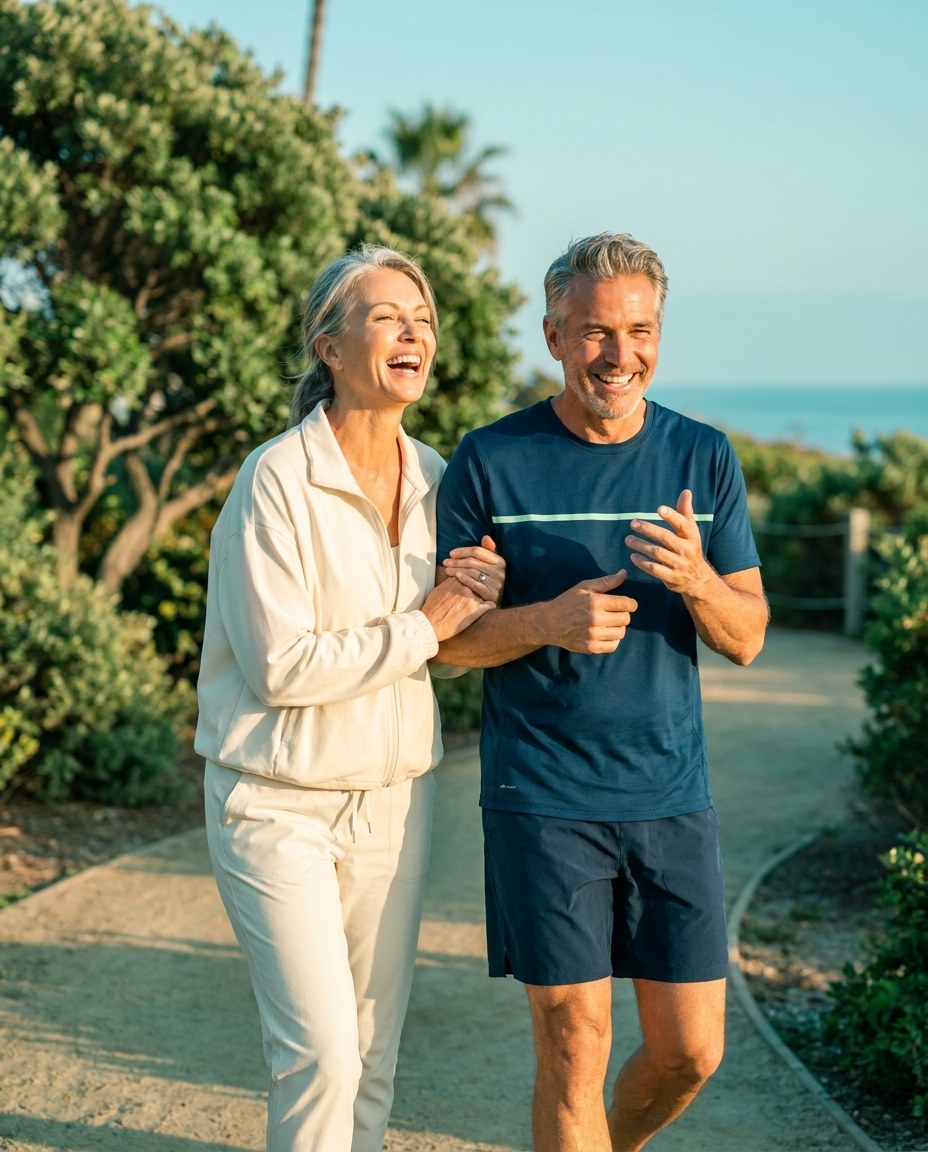 Older couple walking together along a coastal path